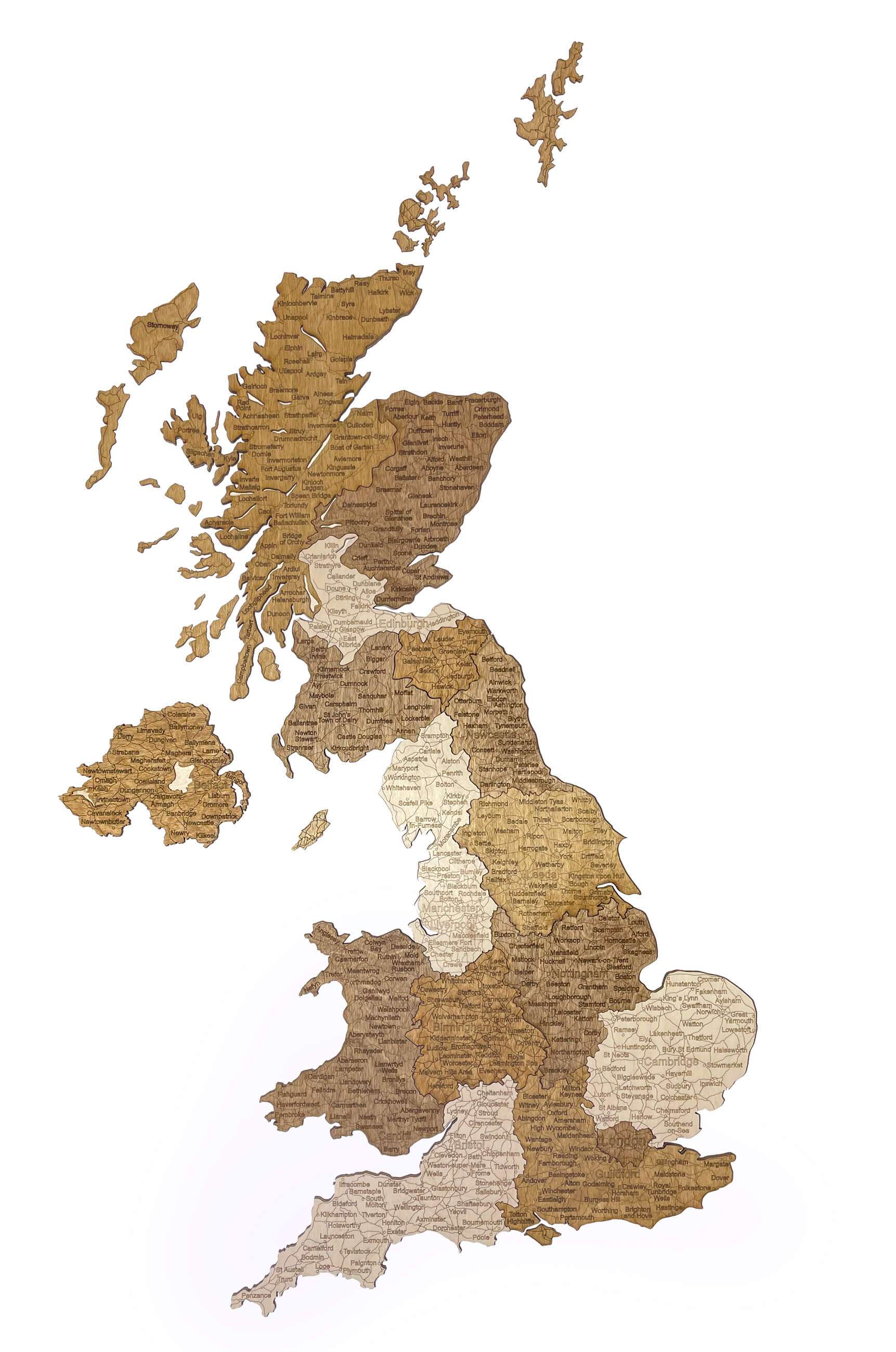 Mapa de madera del Reino Unido (Islas británicas e Irlanda)