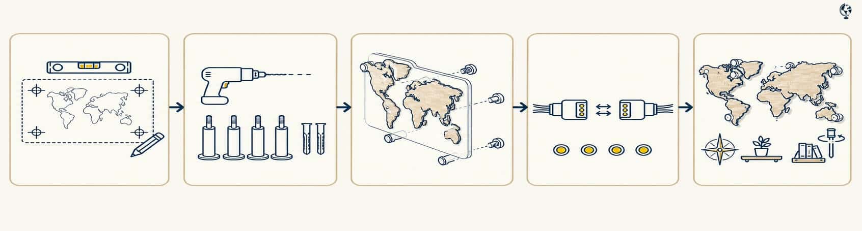 Diagram showing the mounting sequence for an LED world map, from the wall template and stands to panel connection and colour testing.