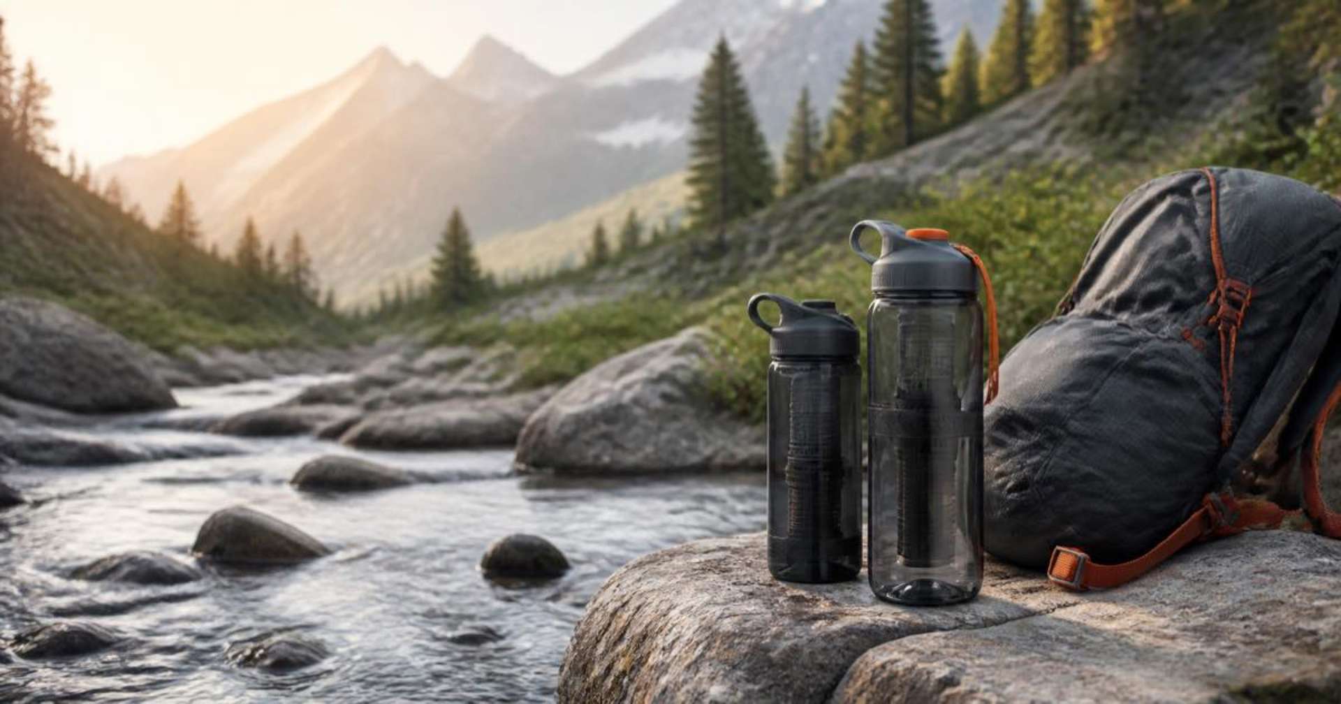 GRAYL water purifier bottle beside a mountain stream