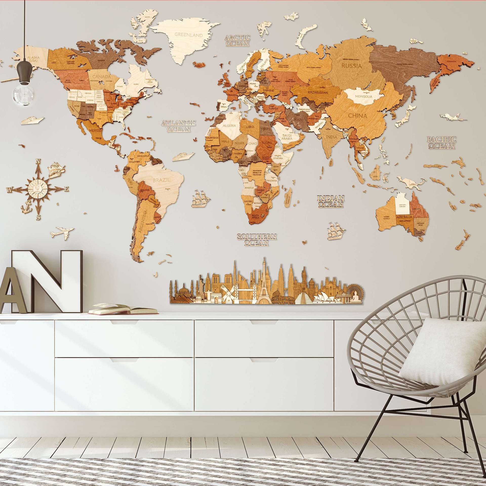 Wooden world map displayed on a wall