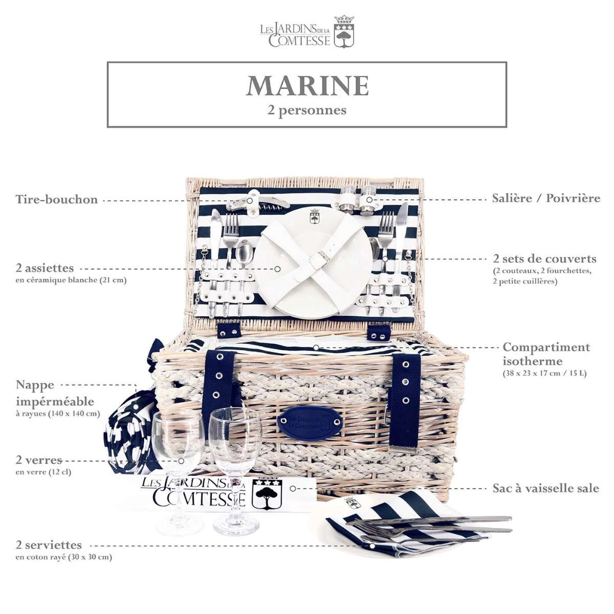 Les Jardins de la Comtesse picknickkorg Marine i marin stil för 2 personer