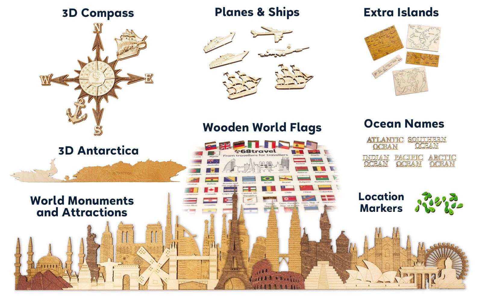 Mappa del mondo 2D in legno