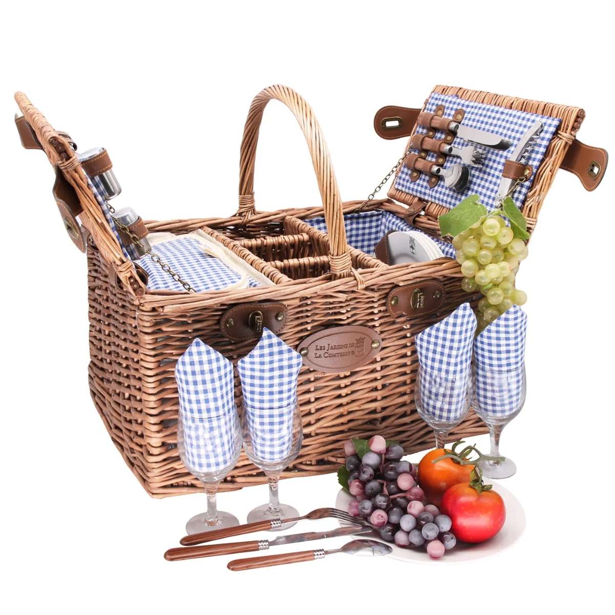 Cesta de picnic Saint-Germain Vichy azul para 4 personas de Les Jardins de la Comtesse