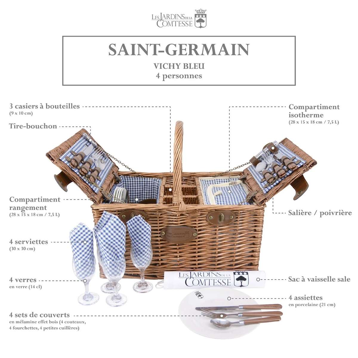 Cesta de picnic Saint-Germain Vichy azul para 4 personas de Les Jardins de la Comtesse
