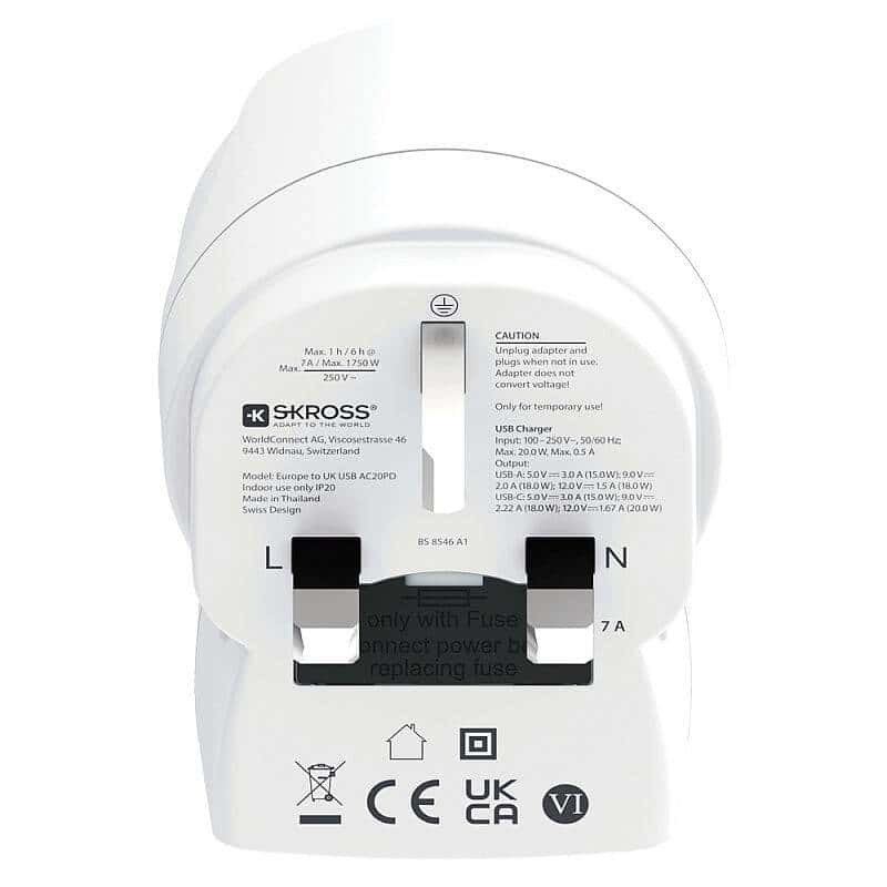 SKROSS potovalni adapter UK USB-A + USB-C 20W PD, tip G (PA28PD20)
