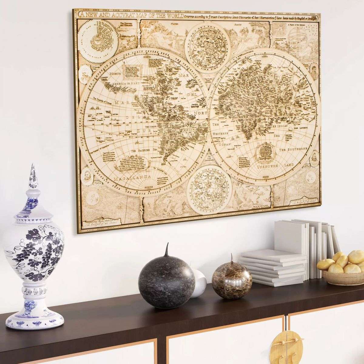 1626年の木製世界地図 - 84 x 64 cm
