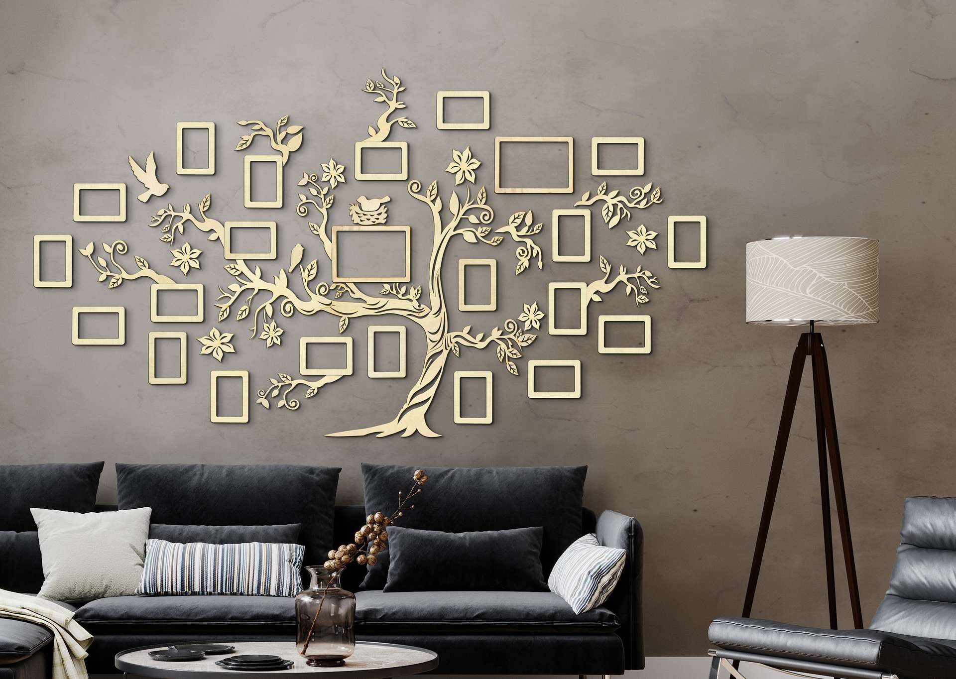 Árbol genealógico de madera con 23 marcos de fotos