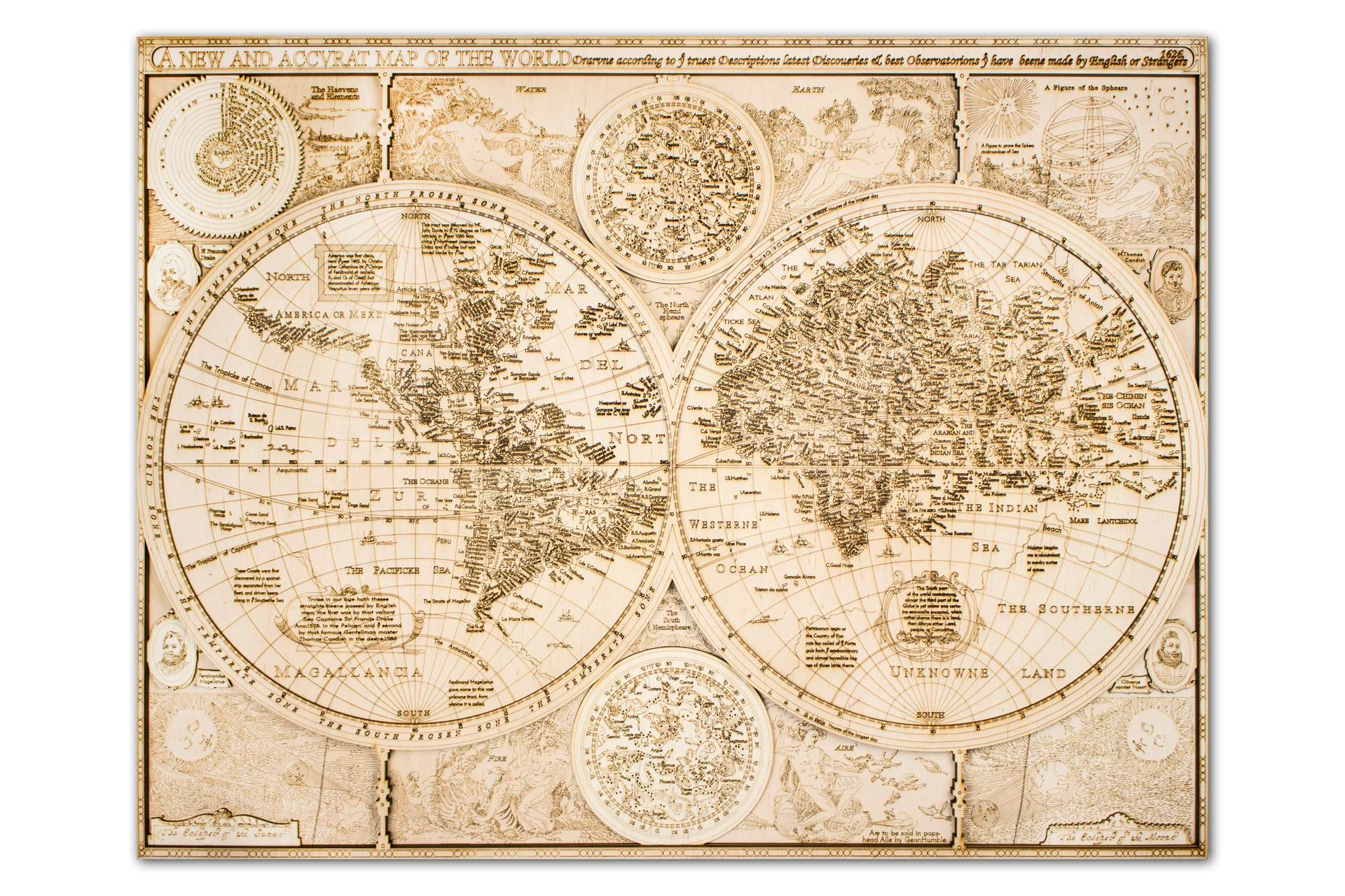 1626年の木製世界地図 - 84 x 64 cm