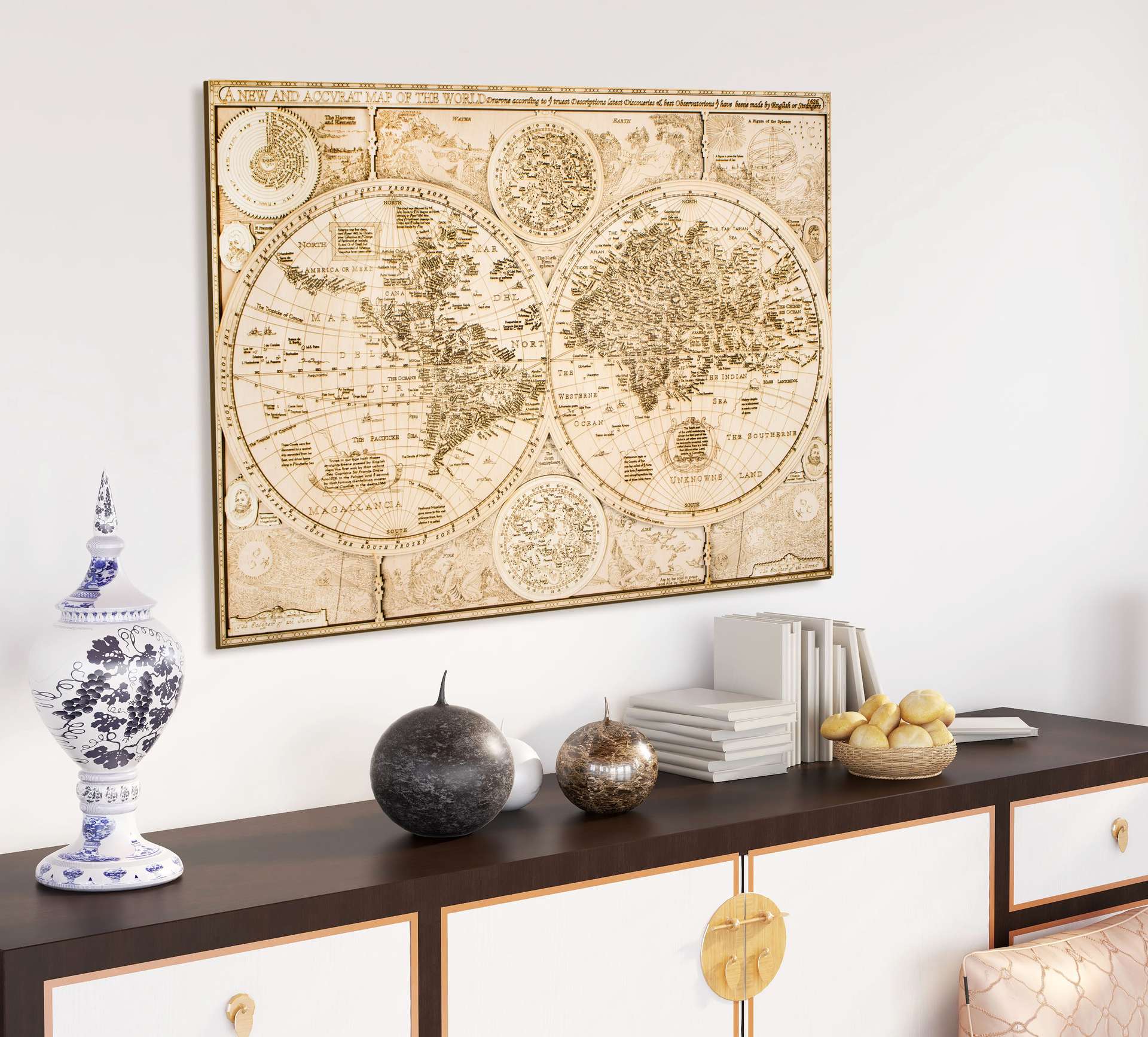 1626年の木製世界地図 - 84 x 64 cm