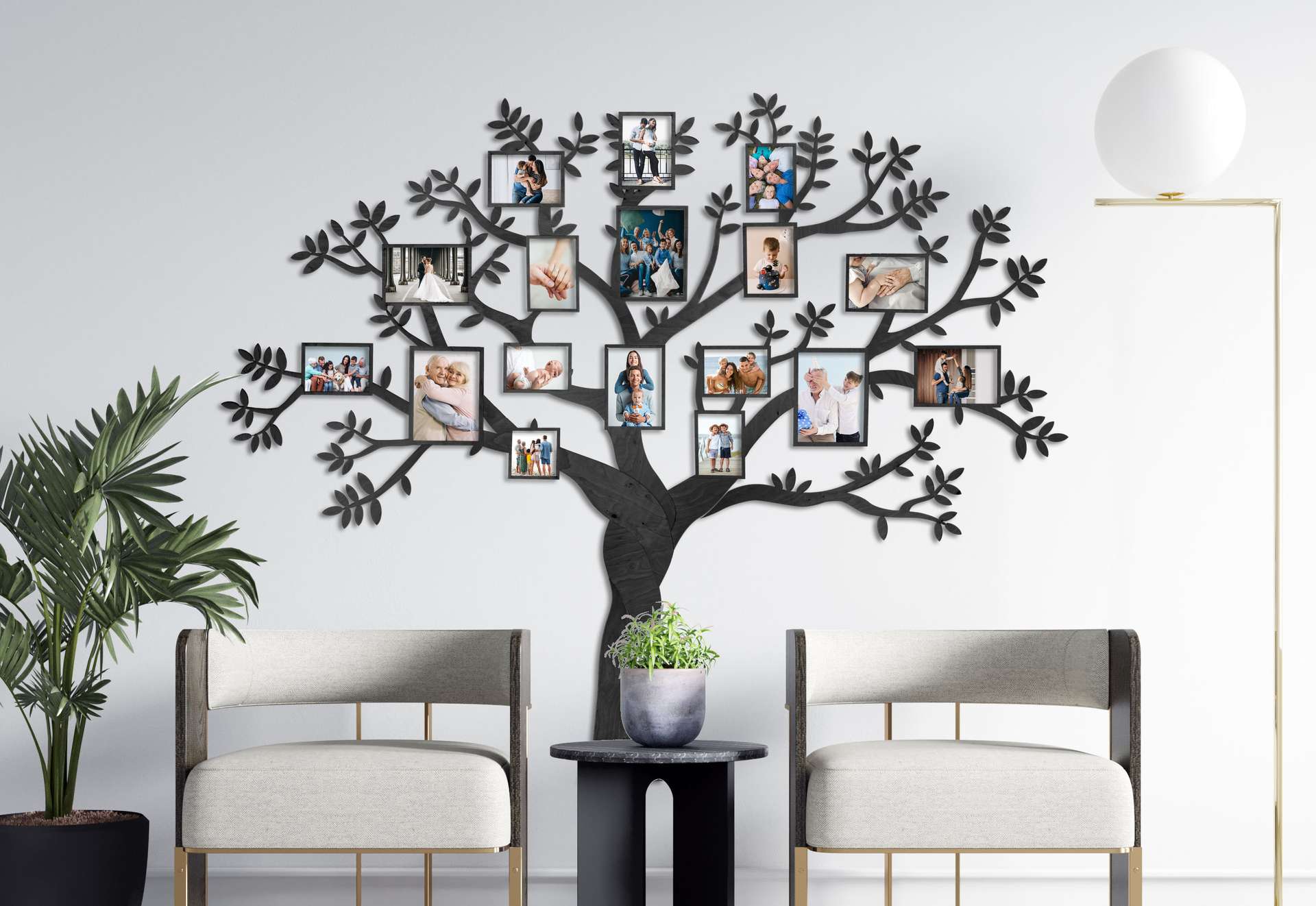 Árbol genealógico de madera con 17 marcos de fotos