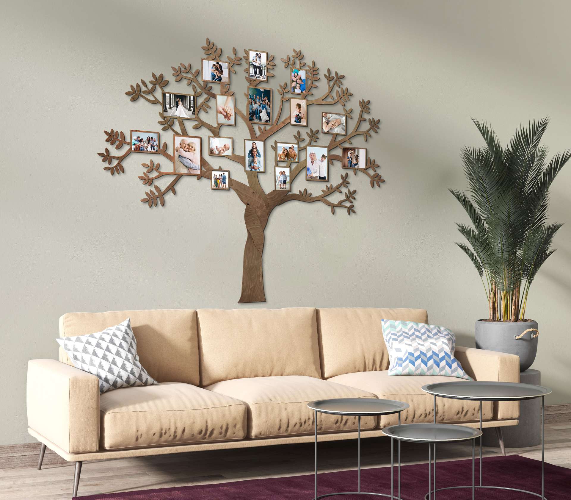 Árbol genealógico de madera con 17 marcos de fotos