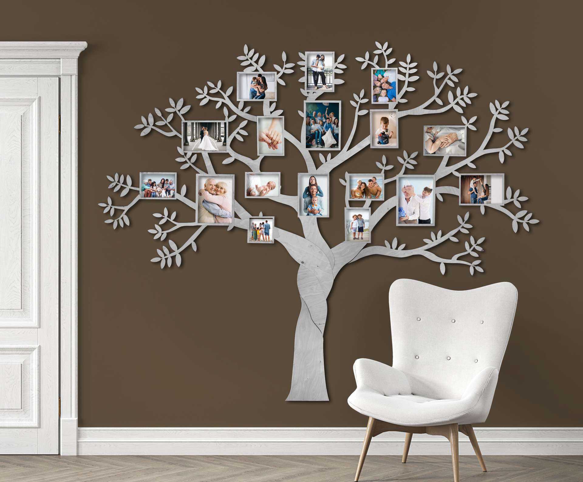 Árbol genealógico de madera con 17 marcos de fotos