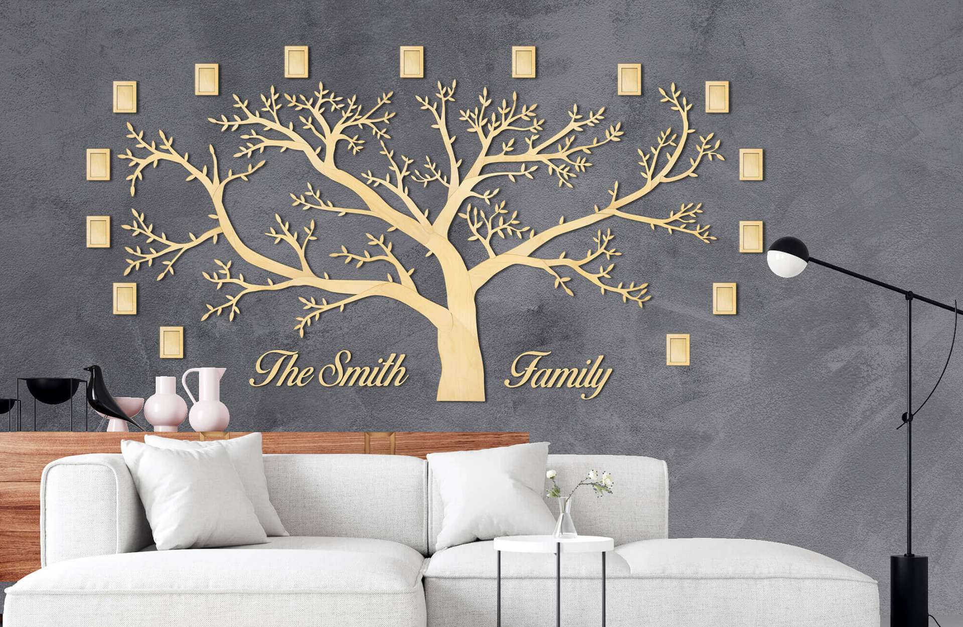 Árbol genealógico de madera con 15 marcos de fotos + Apellido familiar personalizado