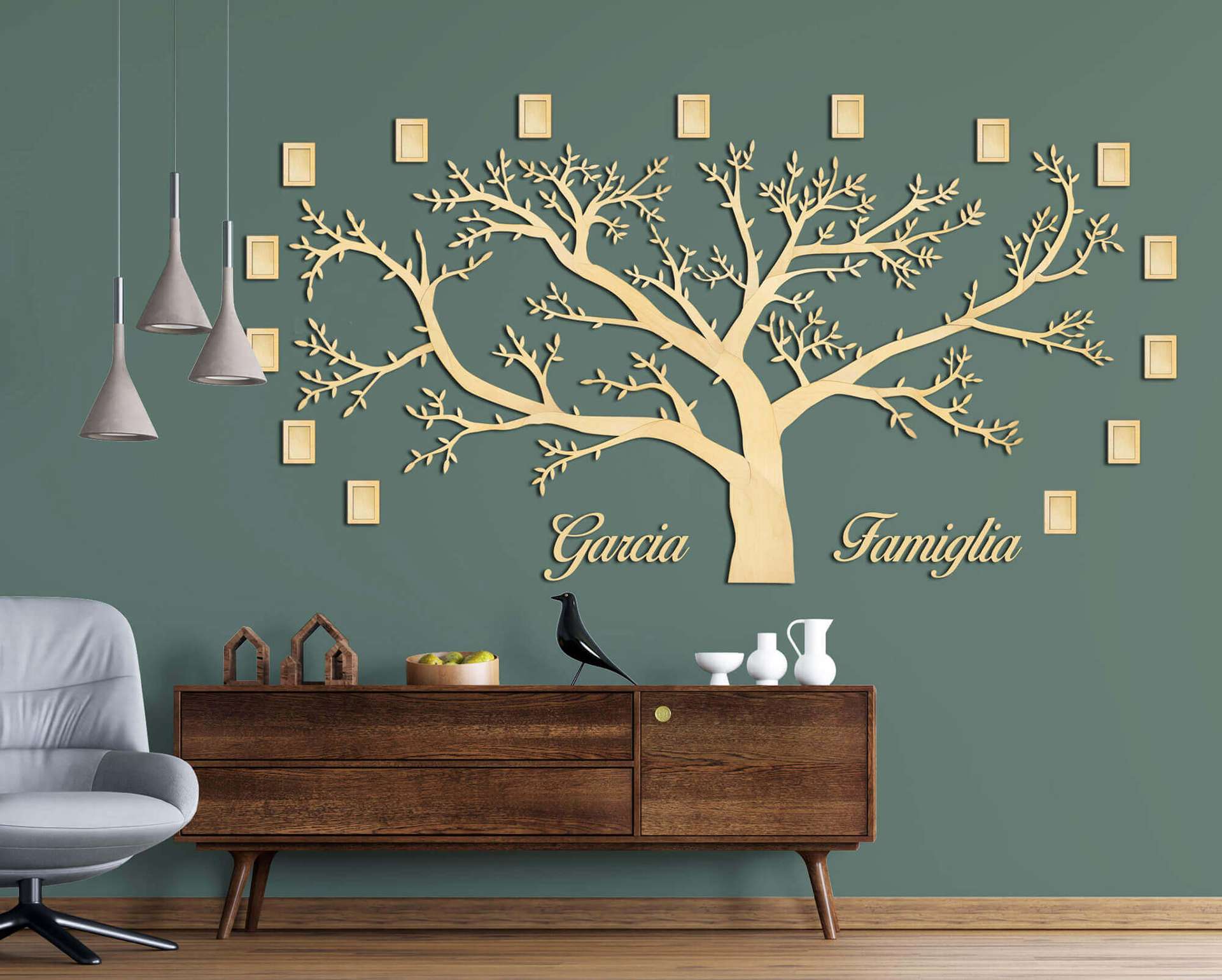 Árbol genealógico de madera con 15 marcos de fotos + Apellido familiar personalizado