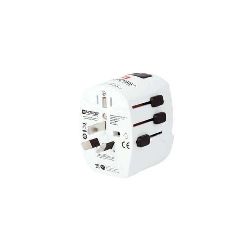 Adaptador de viaje SKROSS - USB ligero, 6,3 A máx., incl. carga USB, con toma de tierra, Reino Unido+EE.UU.+Australia/China