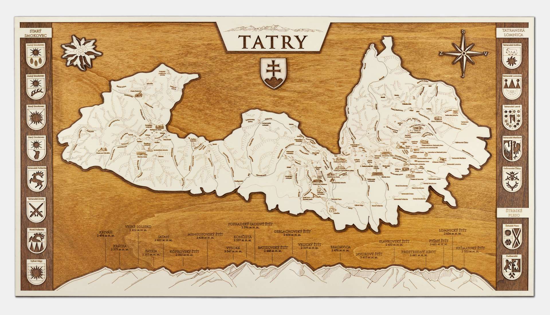 タトラ山脈の木製地図 - 額縁に入ったタトラ山脈