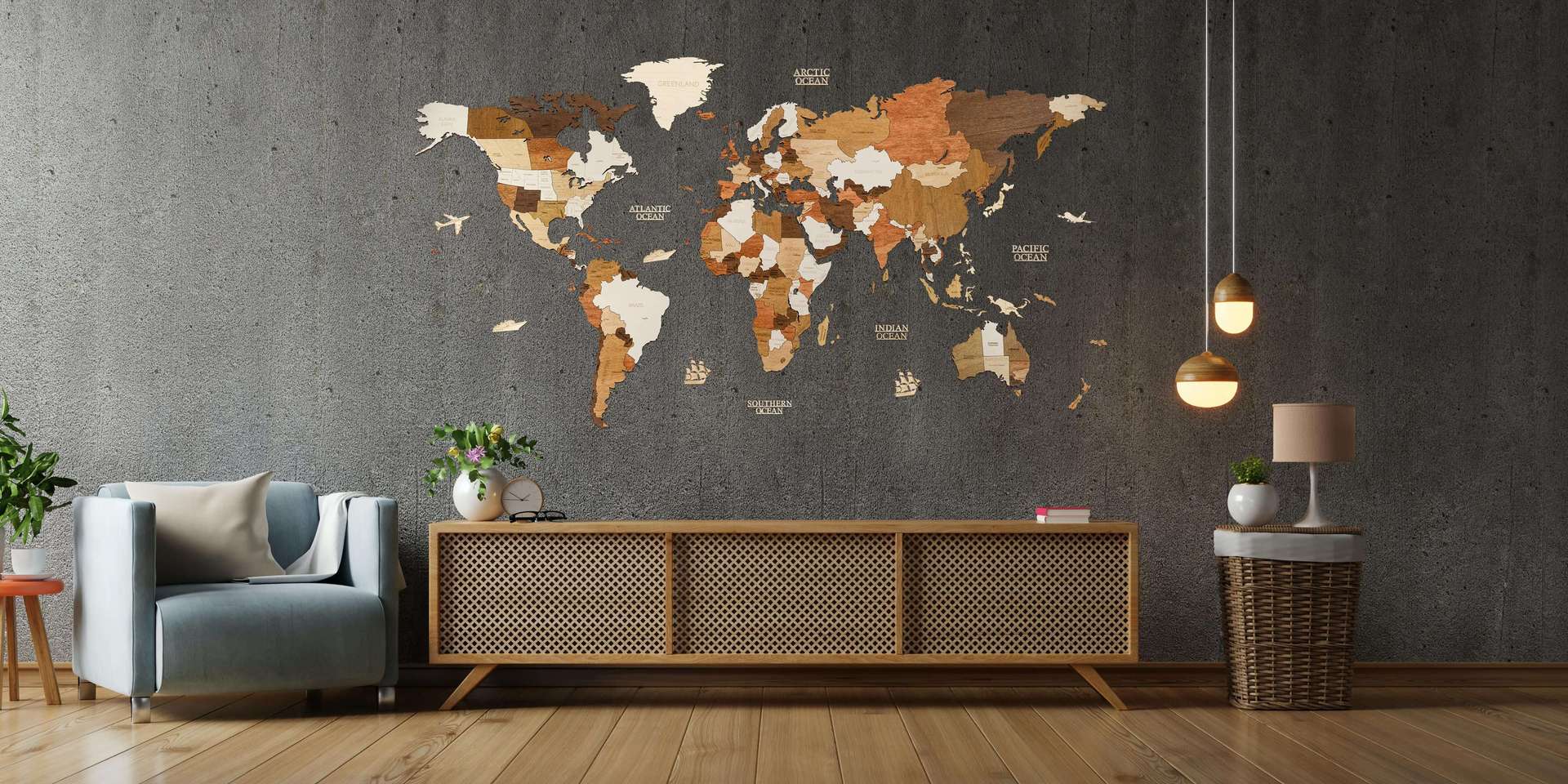 Mappa del mondo 2D in legno