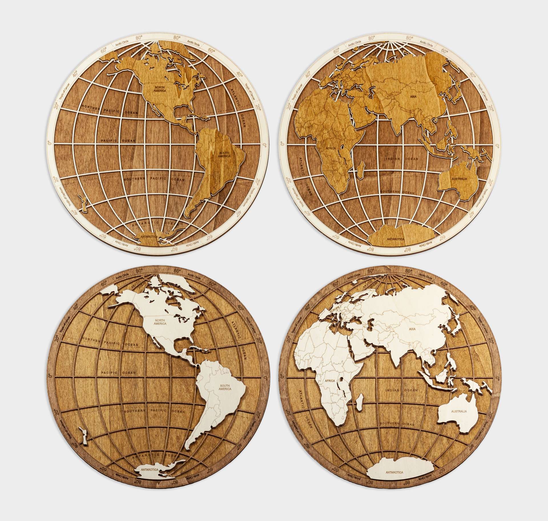 地球の半球 - 木製世界地図