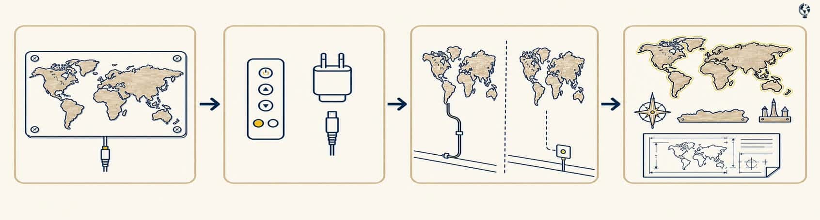 Diagram of key choices for a 68travel LED world map setup, including map design, controller, cable route and illuminated accessories.