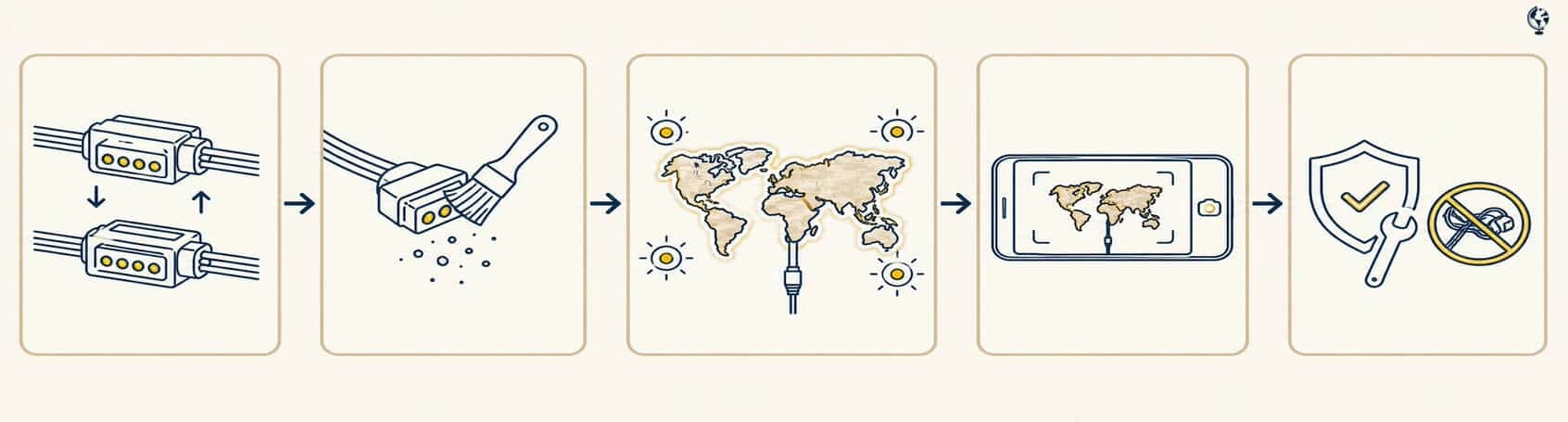 Troubleshooting diagram for checking 4-pin connector alignment, connections and RGBW colour output on an LED world map.