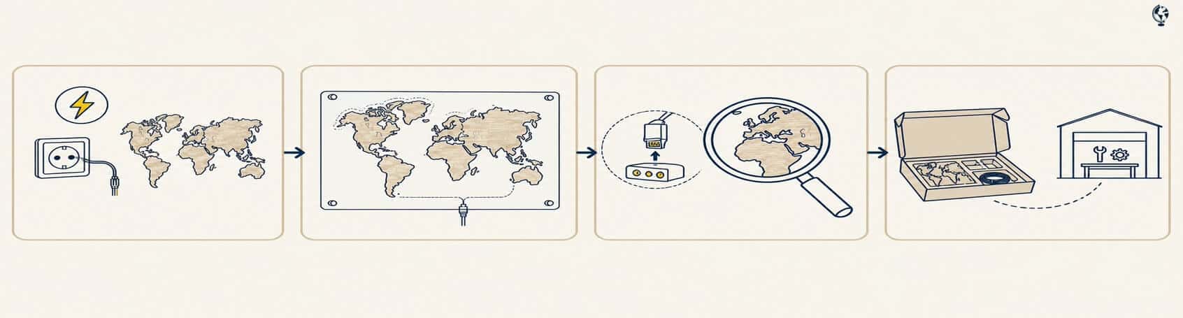 Diagram showing special LED world map installations, including a prepared wall power point, Perspex board and later accessory upgrade.