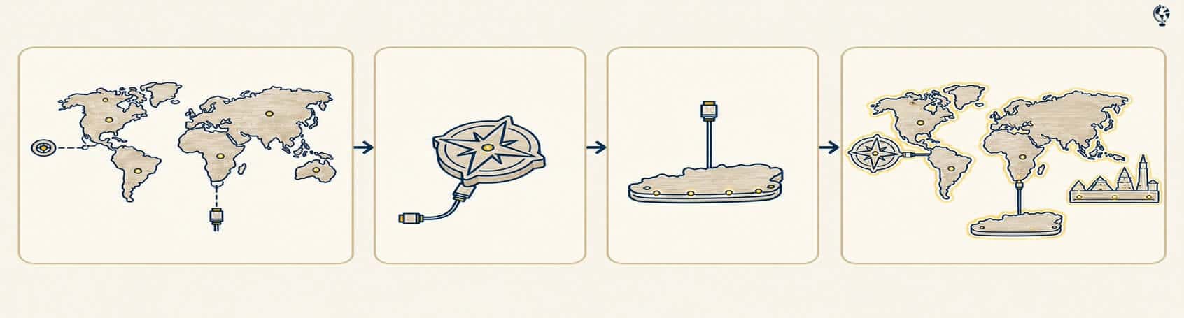 Diagram showing compatible illuminated accessories for a 68travel LED world map, including the compass, Antarctica and monuments panel.