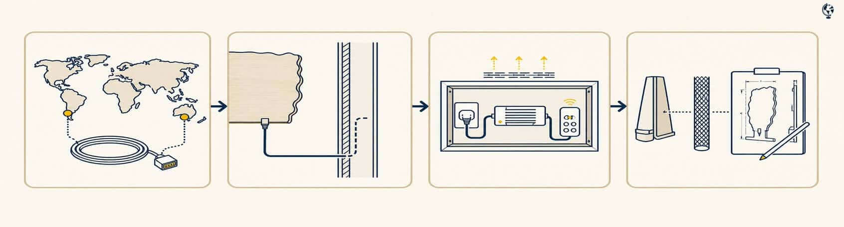 Diagram comparing visible and concealed cable routes and custom component placement for an LED world map installation.