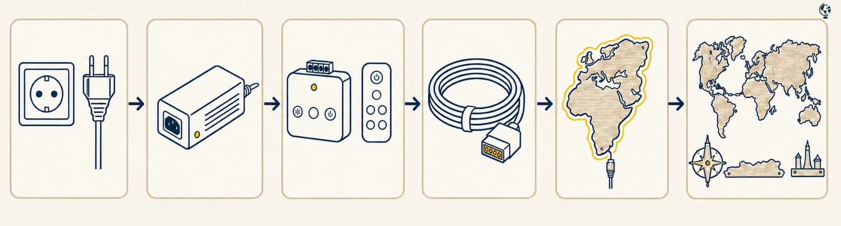 Six-step diagram showing how a 68travel LED world map connects from mains power through the adapter, RGB controller and low-voltage cable to the illuminated map panels and accessories.