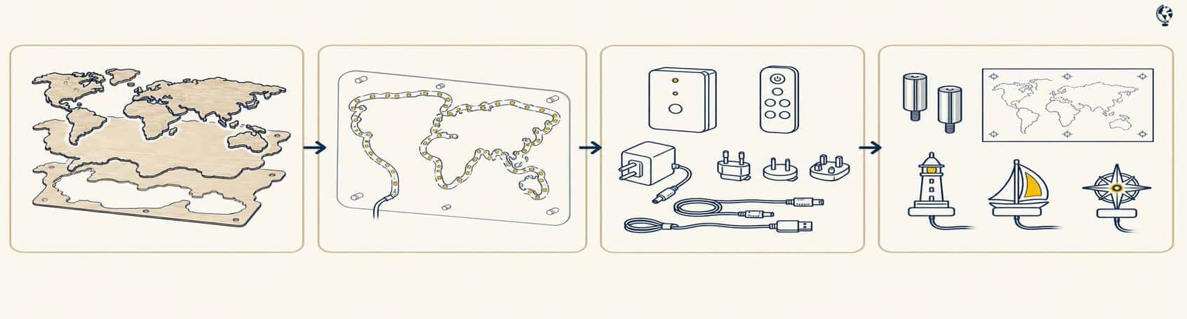 Diagram showing the main components supplied with a 68travel LED world map, including panels, controller, adapter, cables and wall stands.