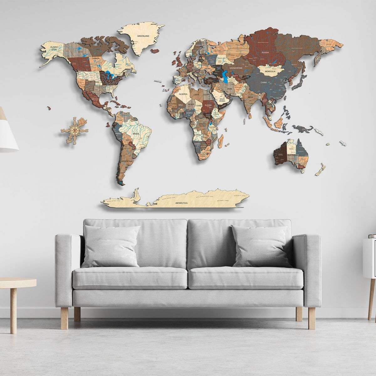 Full colour LED illuminated wooden world map