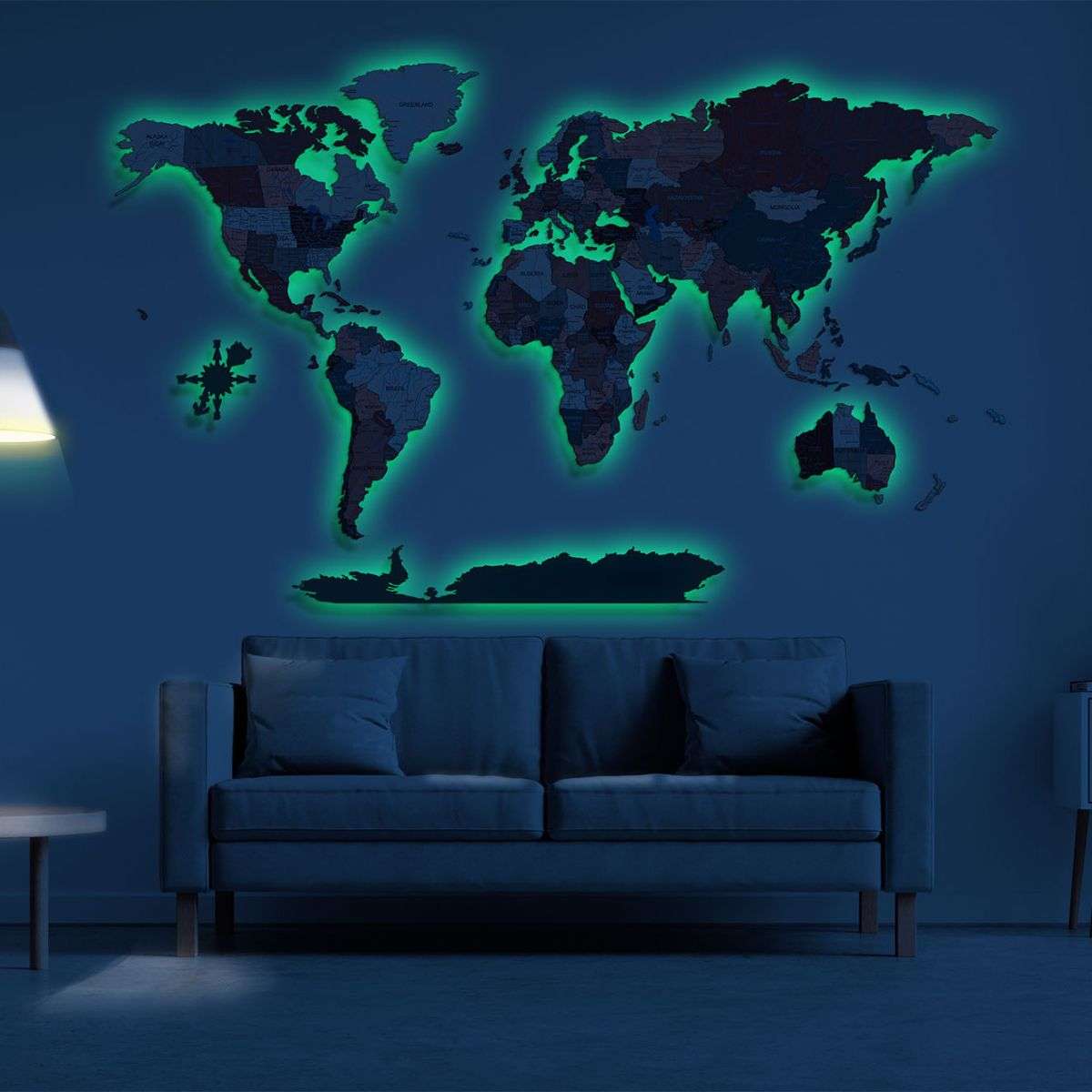 Full colour LED illuminated wooden world map