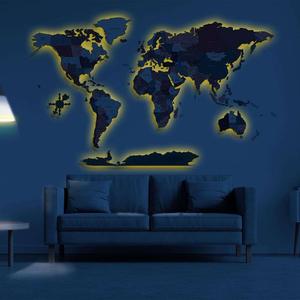 Full colour LED illuminated wooden world map