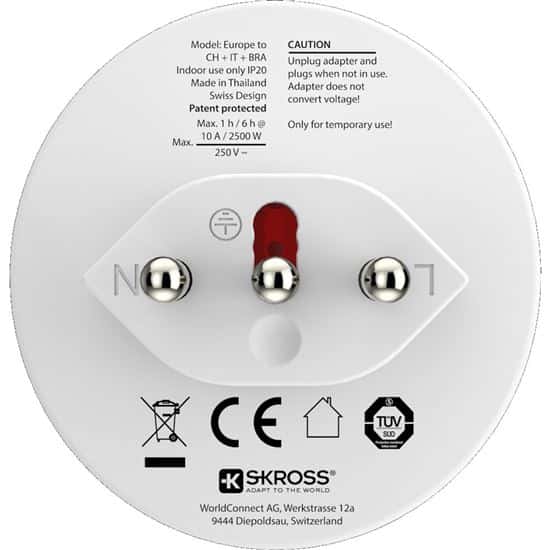 SKROSS Brazil, Italy and Switzerland, Type J/N/L Travel adapter