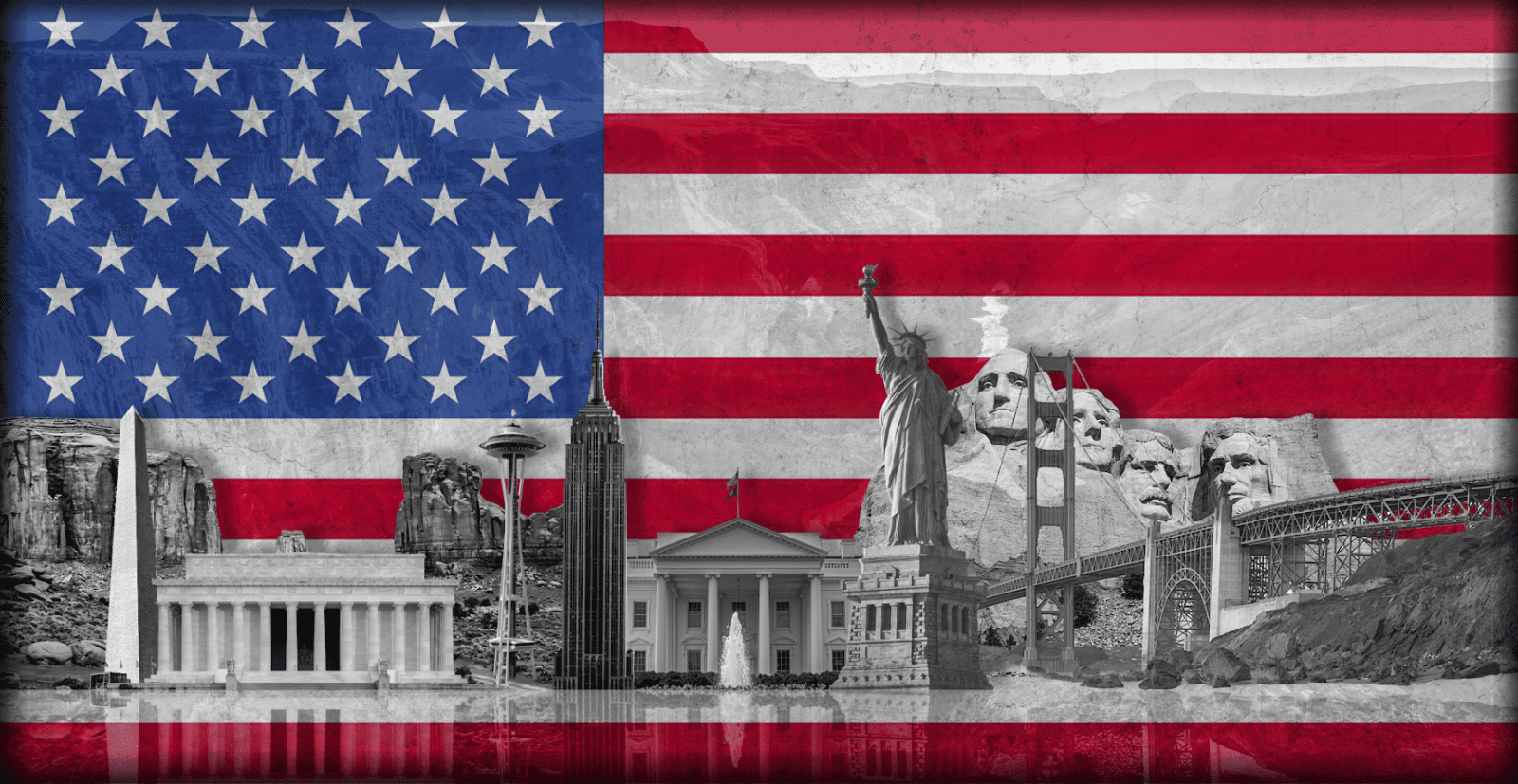 USA wall picture with backlight - flag and monuments