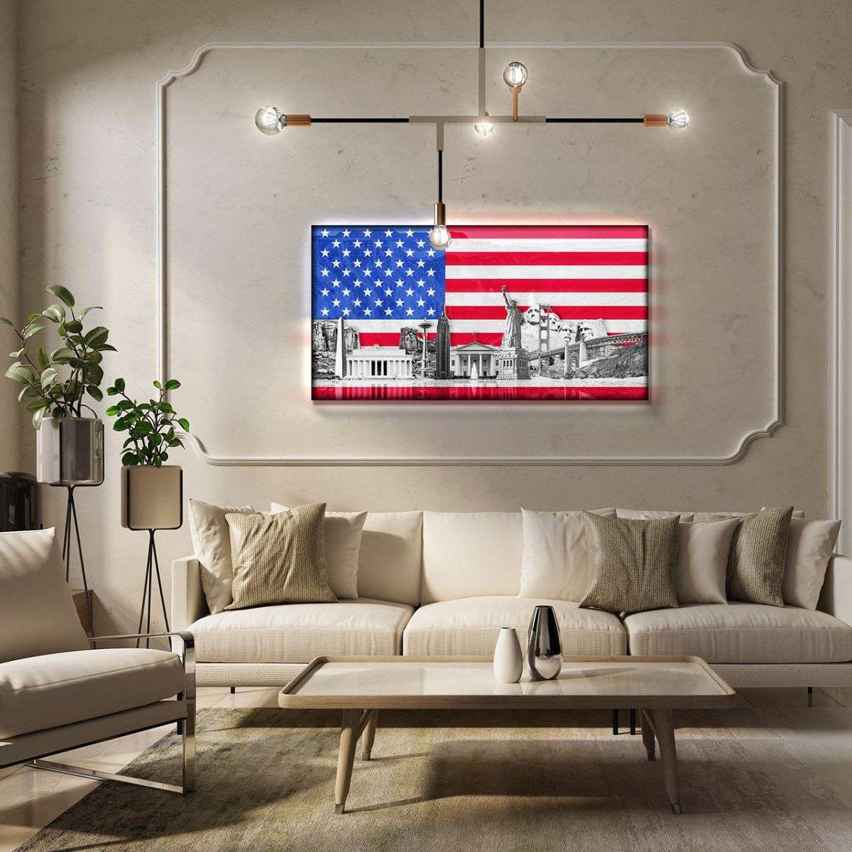 USA wall picture with backlight - flag and monuments