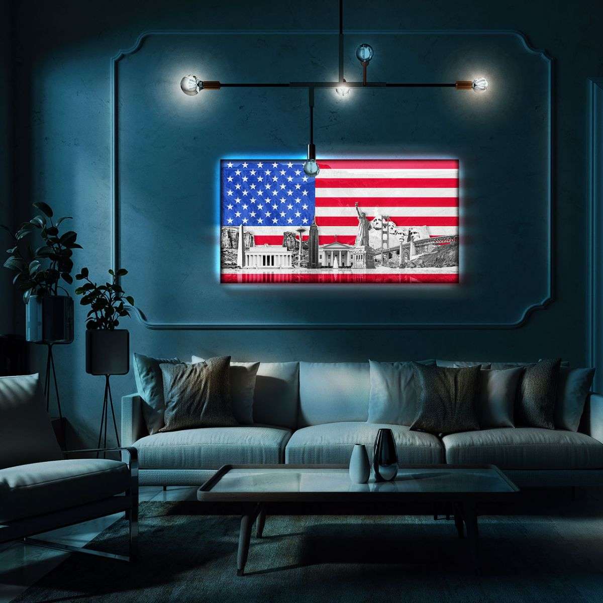 USA wall picture with backlight - flag and monuments