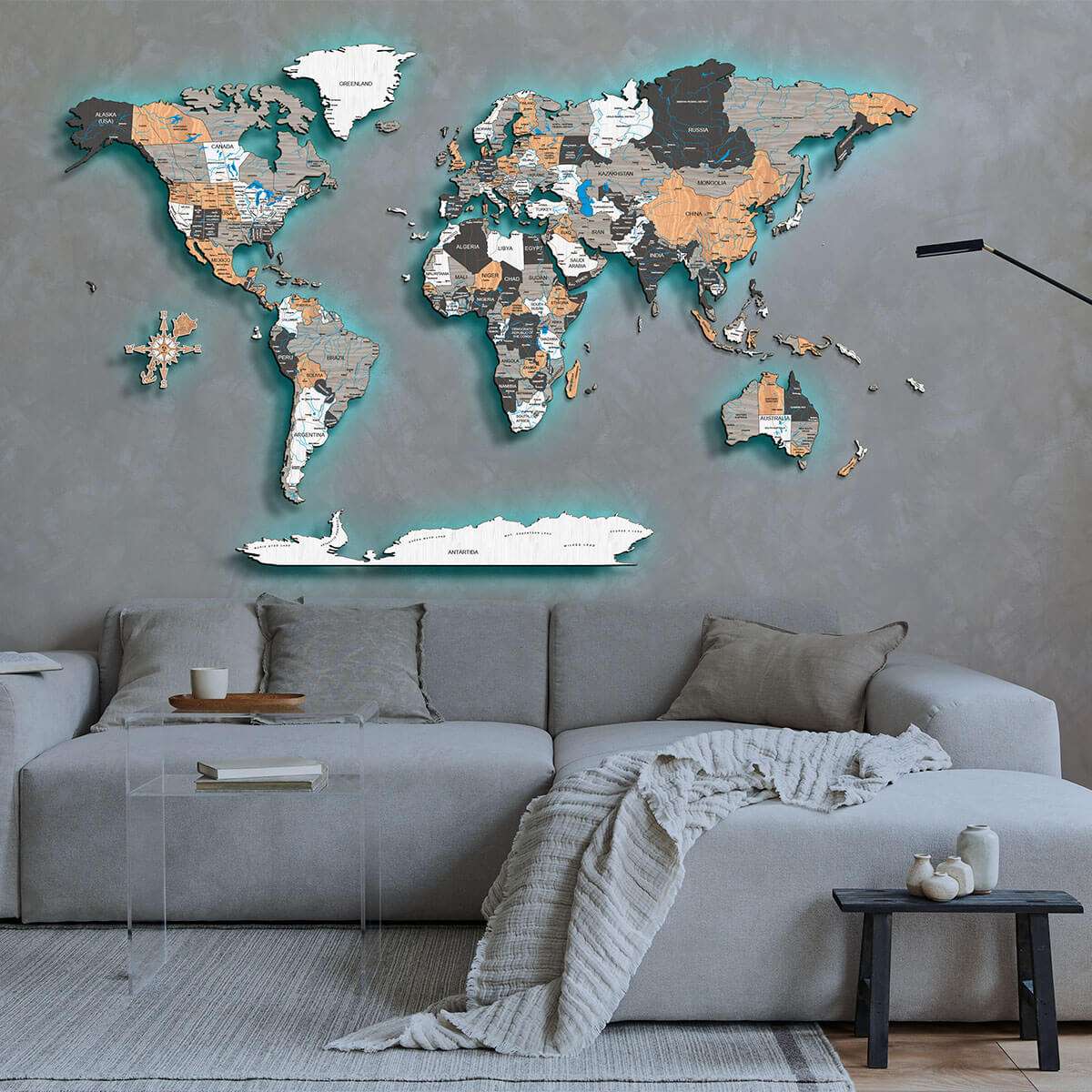 Full colour LED illuminated wooden world map