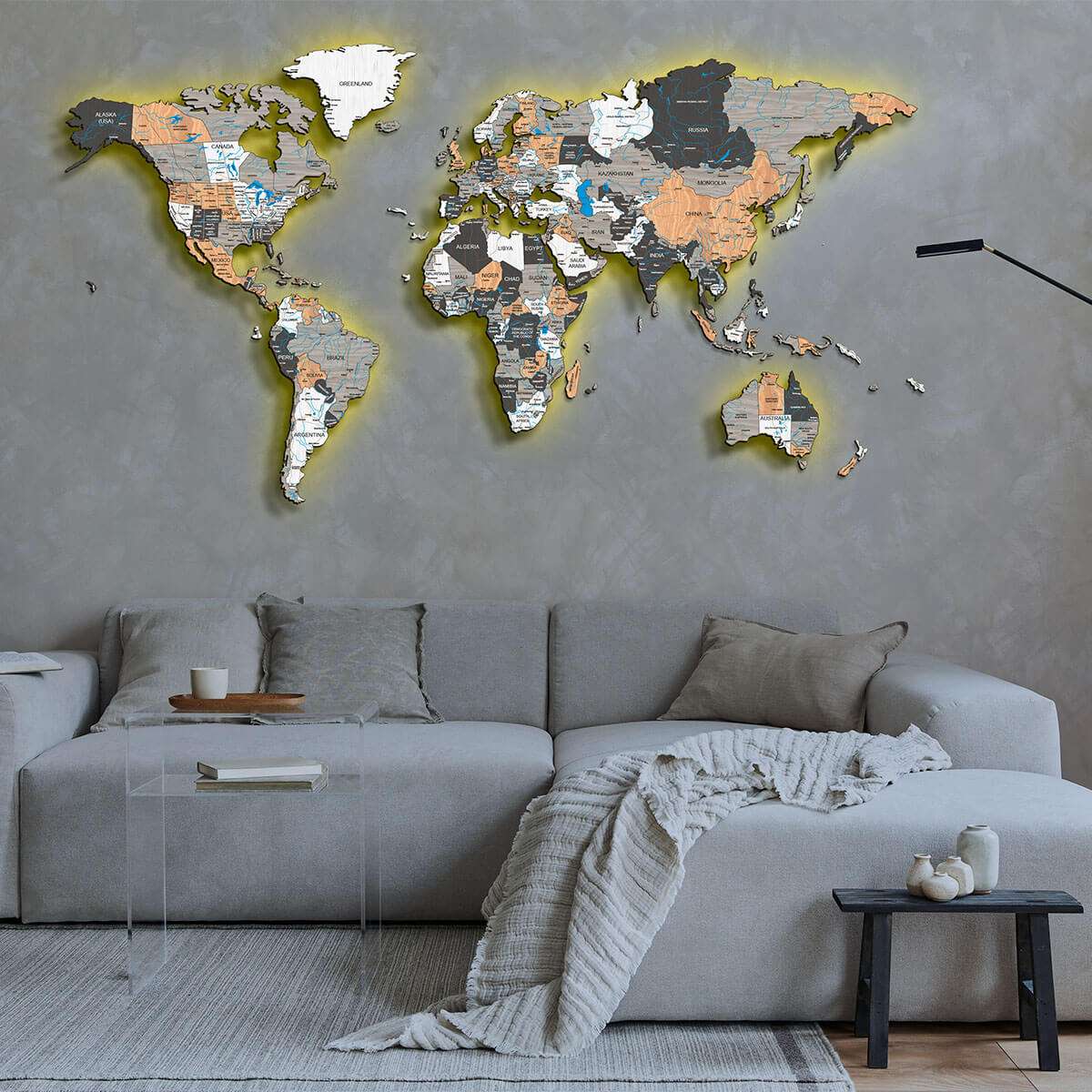Full colour LED illuminated wooden world map
