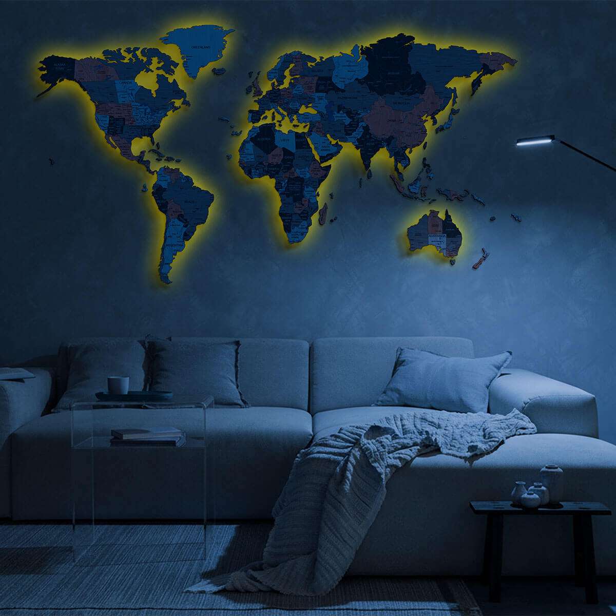 Full colour LED illuminated wooden world map