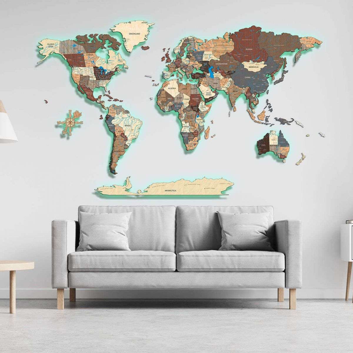 Full colour LED illuminated wooden world map