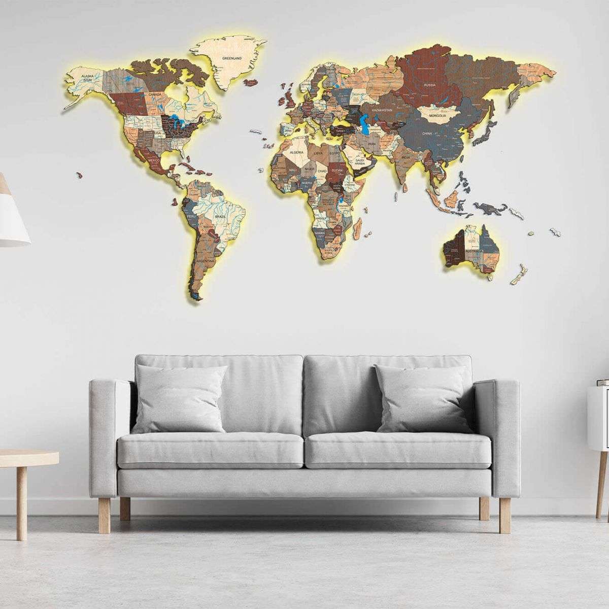 Full colour LED illuminated wooden world map