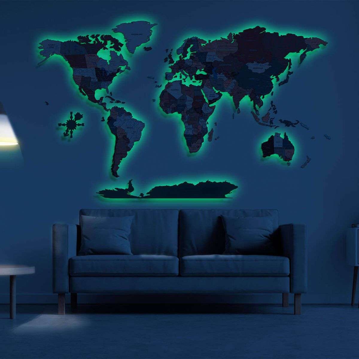 Full colour LED illuminated wooden world map