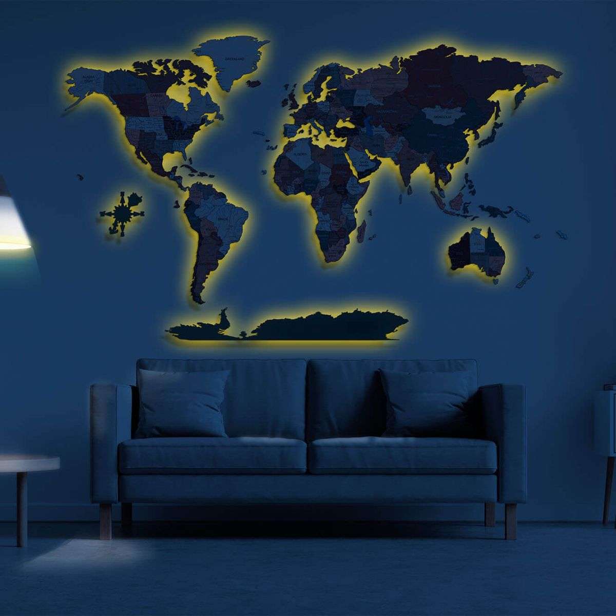 Full colour LED illuminated wooden world map