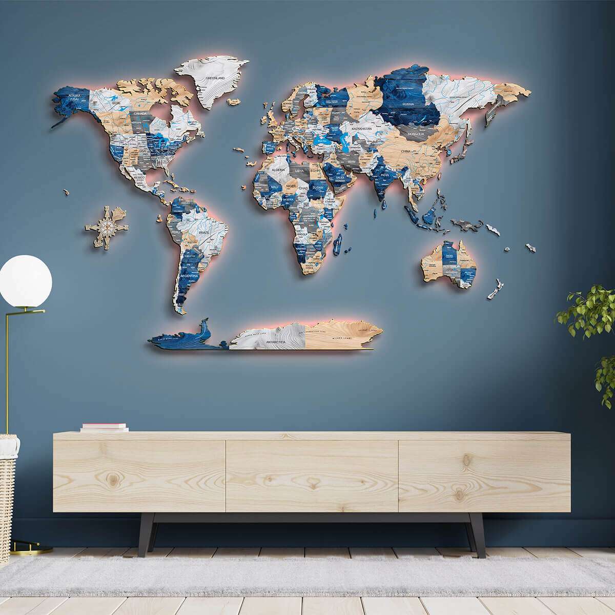 Full colour LED illuminated wooden world map