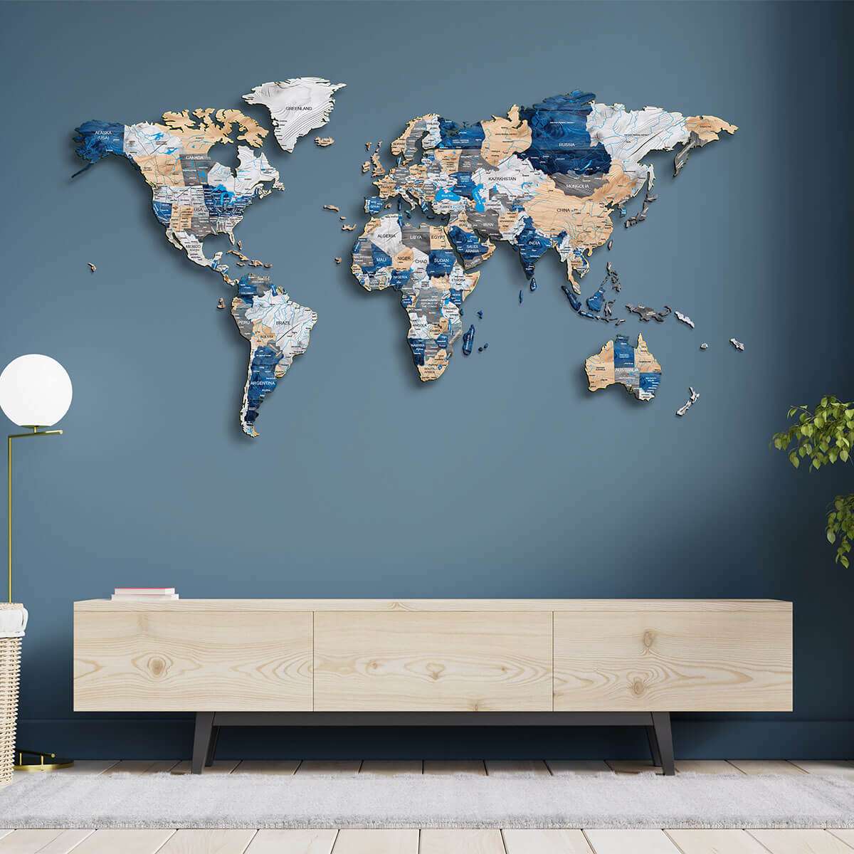 Full colour LED illuminated wooden world map