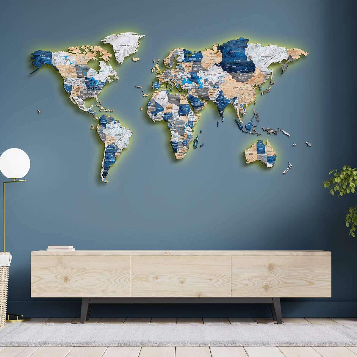 Full colour LED illuminated wooden world map