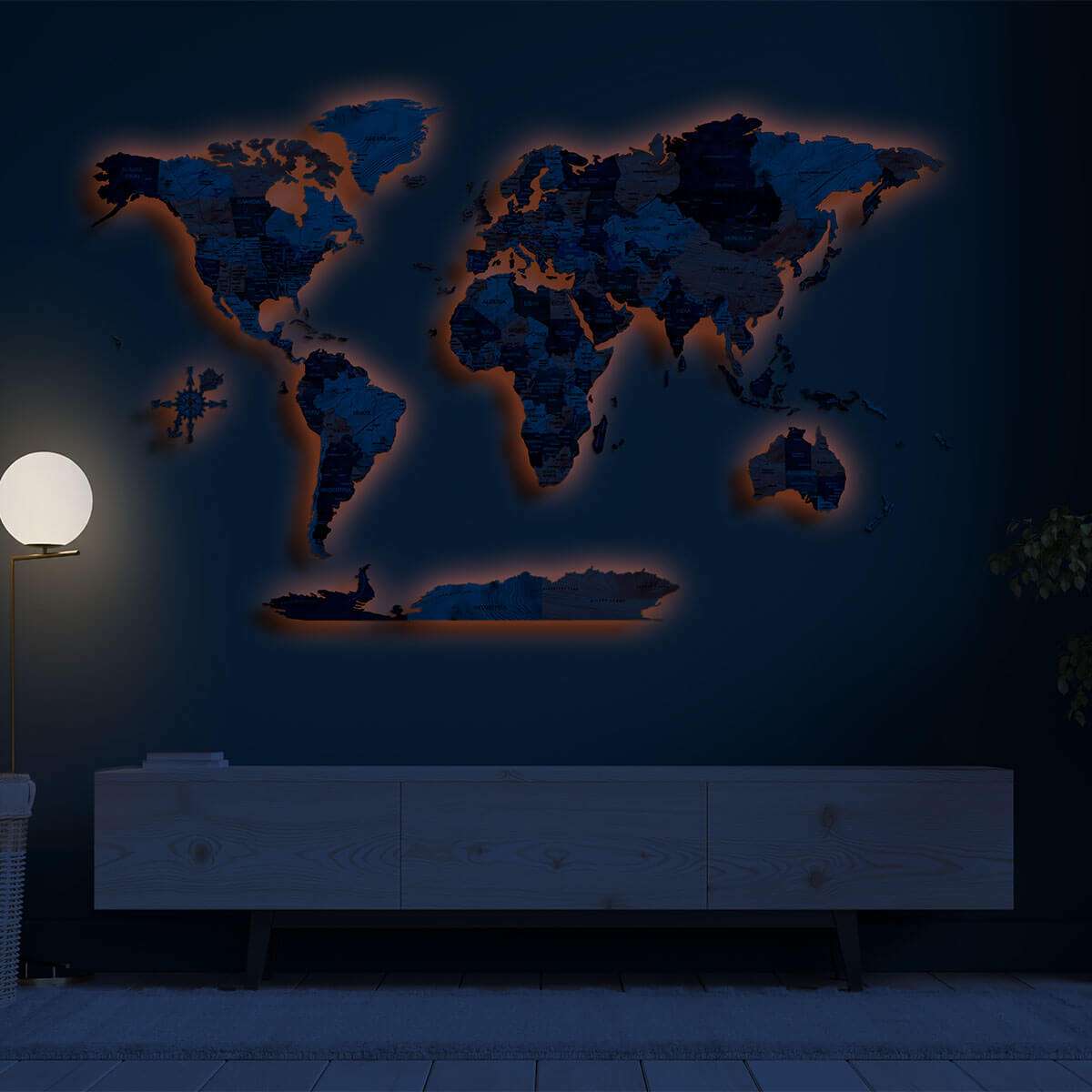 Full colour LED illuminated wooden world map