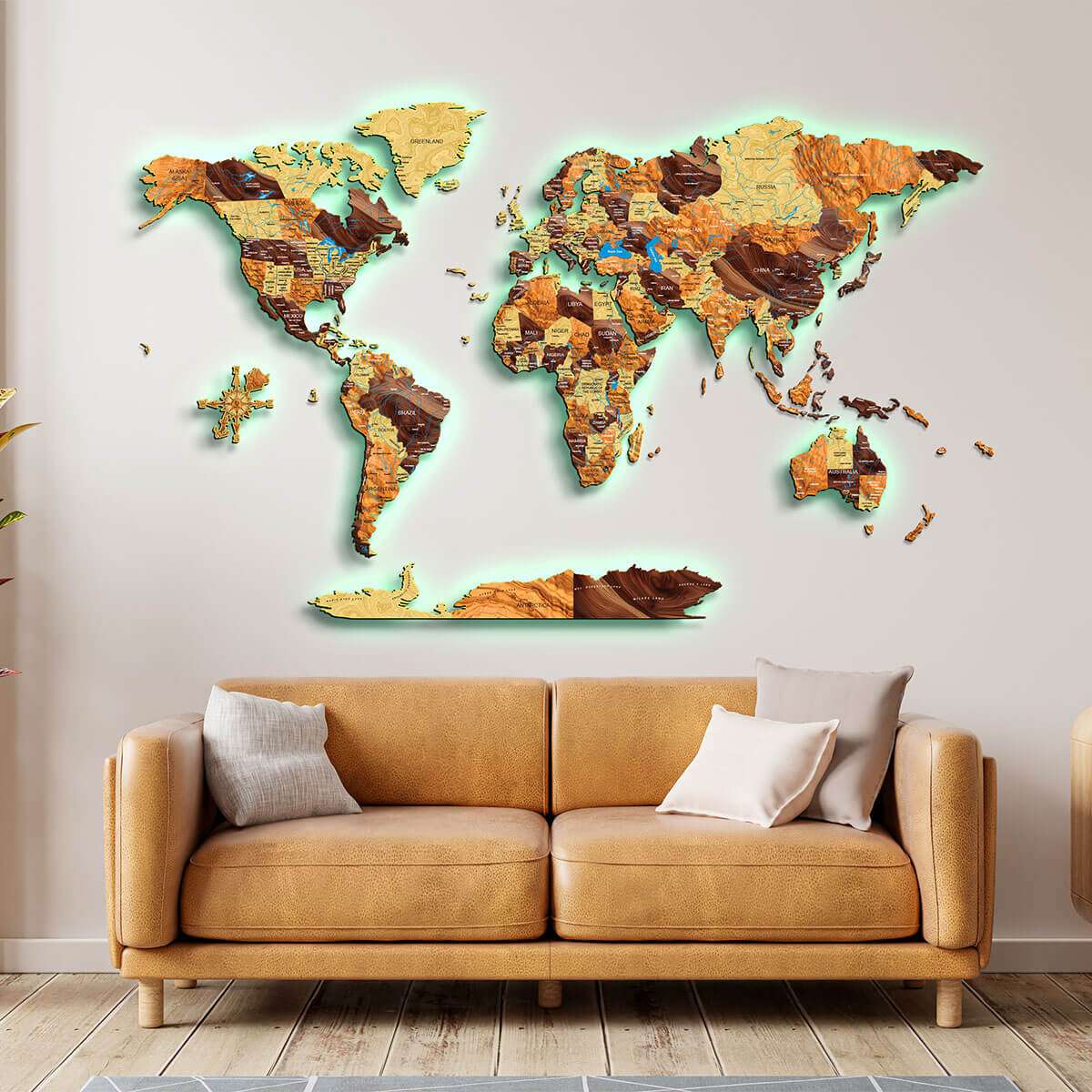 Full colour LED illuminated wooden world map