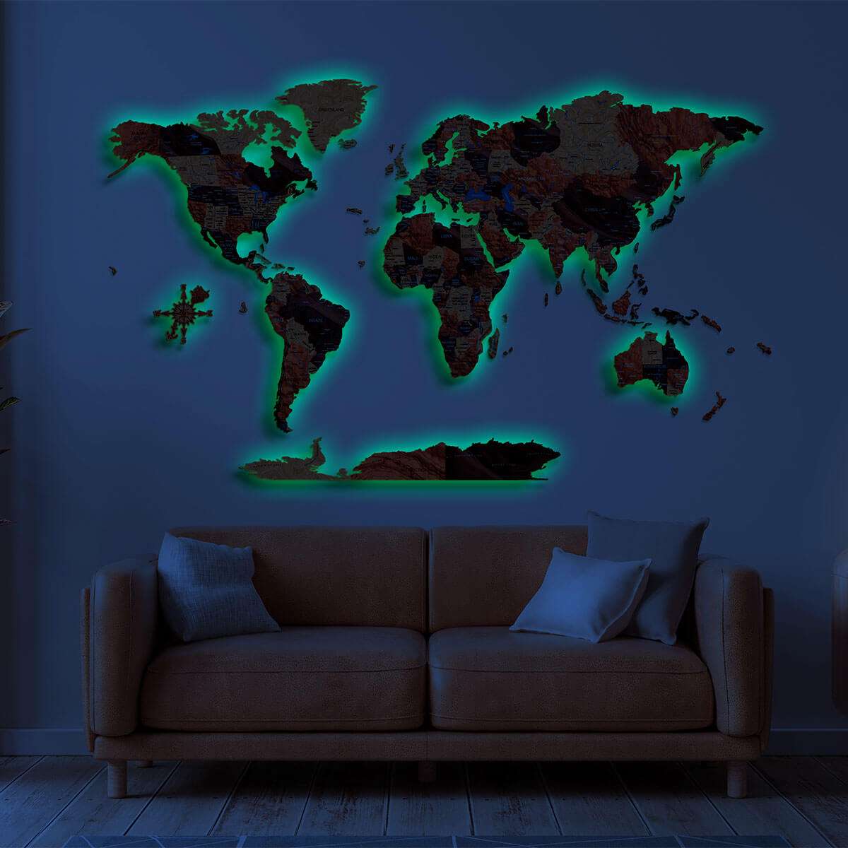 Full colour LED illuminated wooden world map