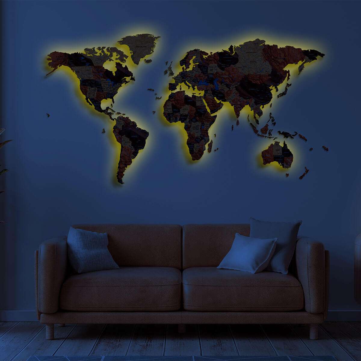 Full colour LED illuminated wooden world map